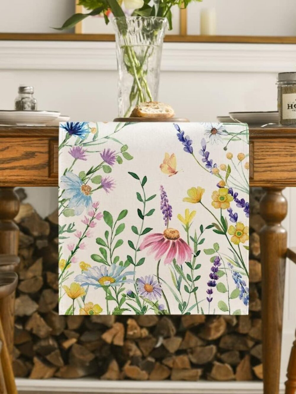 Daisy Eucalyptus Lavender Floral Leaves Summer Table Runner, Spring Kitchen Dini - Picture 2 of 7